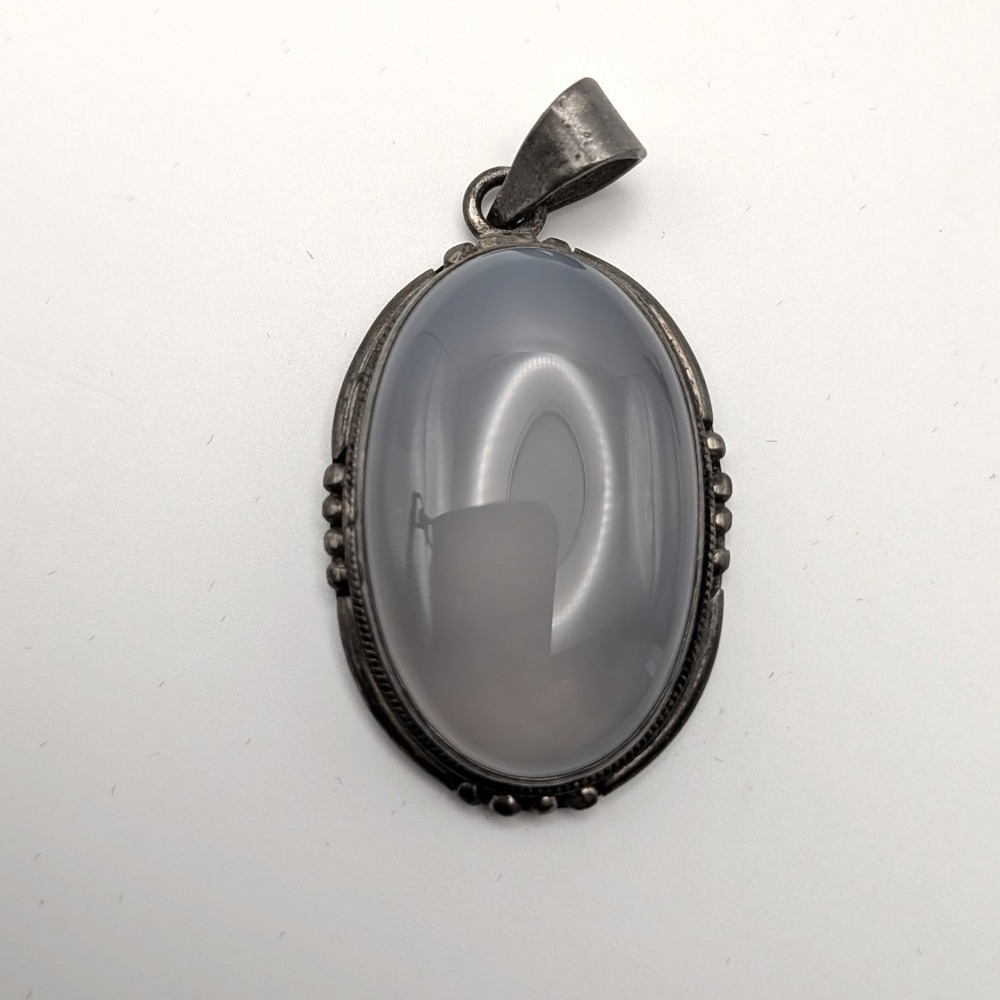 Egyptian Sterling Silver 925 Grey Blue Chalcedony Oval Cabochon Pendant Vintage